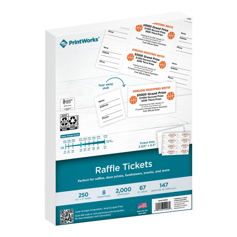 PrintWorks Printable Raffle Tickets With Tear-Away Stubs for Events & Fundraisers - 2000 Custom Tickets (Size 2.125" x 5.5") - 8 per Sheet - 250 Sheets (8.5" x 11") - Made in the USA - White (04296) - Image 1